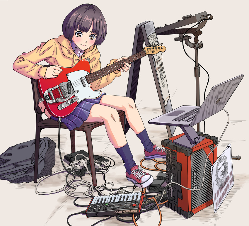 1girl backpack bag black_hair brown_eyes cable chair che_guevara computer electric_guitar fender_telecaster guitar highres hood hoodie instrument keyboard_(instrument) laptop miniskirt music ookiakito original playing_instrument shoes short_hair sitting skirt sneakers solo