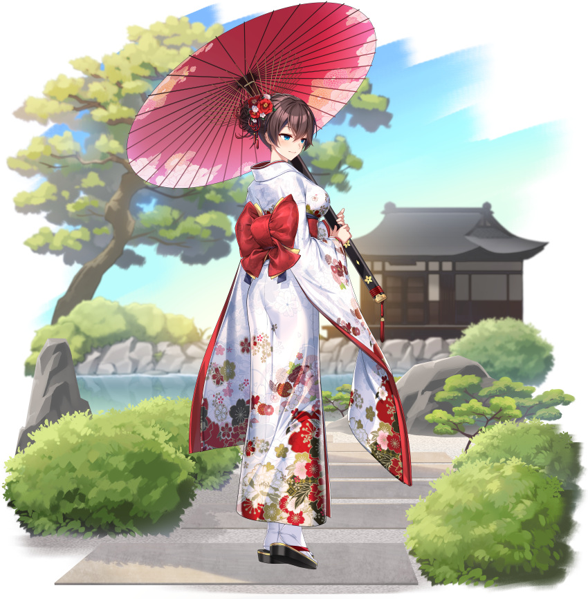 absurdres architecture ass back_bow blue_eyes blue_sky bow breasts brown_hair bush cherry_blossoms counter:side east_asian_architecture floral_print flower from_behind full_body hair_bun hair_flower hair_ornament highres holding holding_umbrella japanese_clothes kimono large_breasts looking_to_the_side nanahara_chifuyu official_art oil-paper_umbrella path pine_tree pool red_bow red_flower red_umbrella rock single_hair_bun sky smile standing stepping_stones tabi tachi-e transparent_background tree umbrella white_flower white_footwear white_kimono wide_sleeves yukata zouri