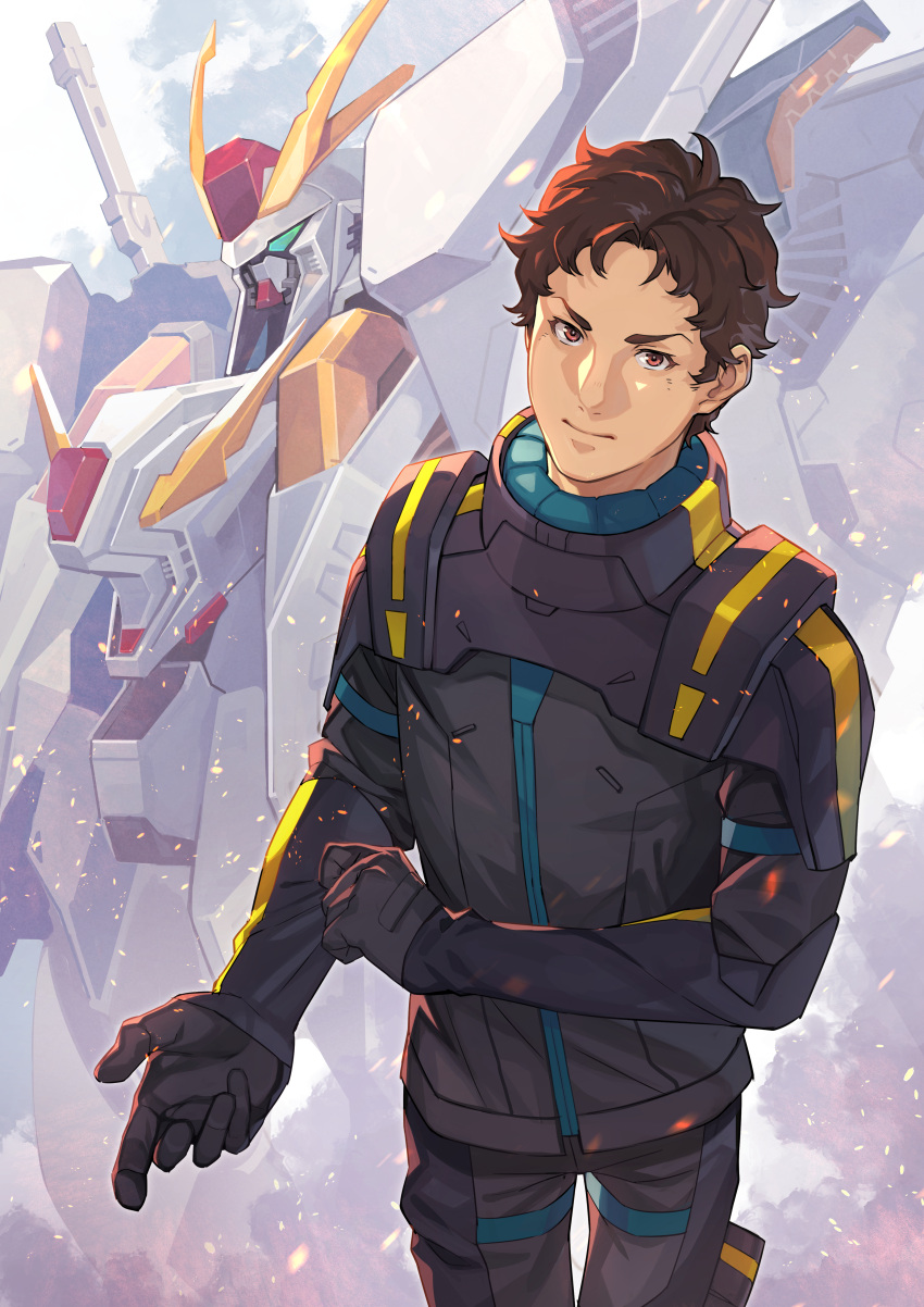 1boy absurdres brown_eyes brown_hair commentary curly_hair green_eyes gundam gundam_hathaway's_flash hathaway_noa highres looking_at_viewer male_focus mecha mobile_suit pilot_suit robot short_hair uedrk_yamato upper_body v-fin xi_gundam