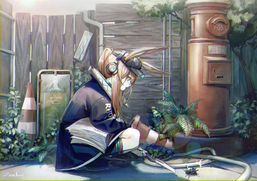 1girl amiya_(arknights) animal animal_ears arknights bangs black_headwear black_jacket black_socks blue_eyes brown_hair bug clothes_writing day drainpipe fence fingerless_gloves gekichuu_youkai gloves grass hat headphones highres holding hose jacket kneehighs long_hair long_sleeves looking_at_animal looking_away looking_down newspaper open_mouth paper_stack plant poking ponytail postbox_(outgoing_mail) potted_plant profile rabbit_ears road_sign shadow sidelocks sign socks solo squatting traffic_cone tree wooden_fence