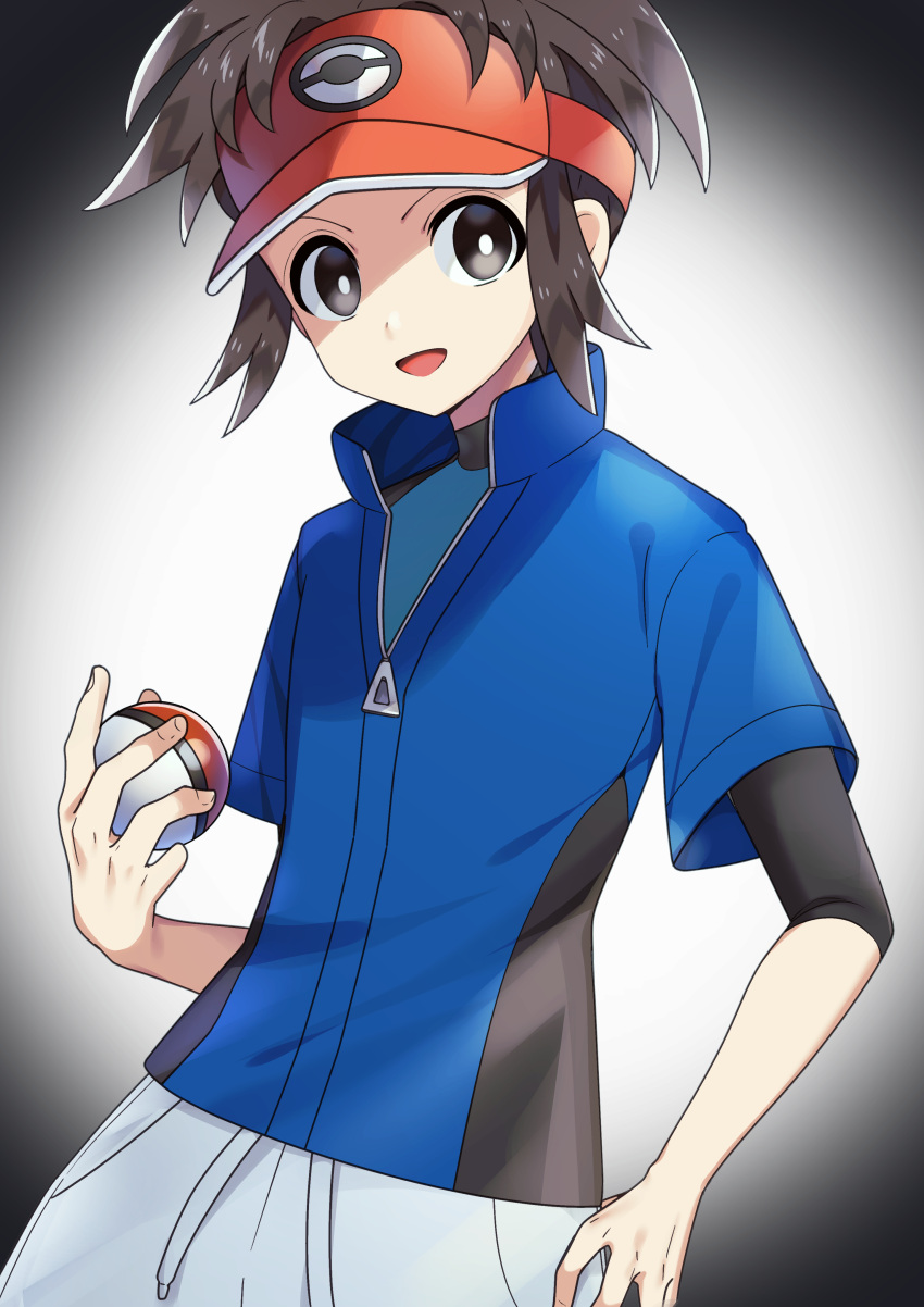 1boy :d absurdres bangs blue_jacket bodysuit bodysuit_under_clothes bright_pupils brown_hair commentary grey_eyes highres holding holding_poke_ball jacket male_focus nate_(pokemon) open_mouth orange_headwear parted_bangs poke_ball poke_ball_(basic) pokemon pokemon_(game) pokemon_bw2 short_hair smile solo tongue visor_cap white_pupils yuihico zipper_pull_tab