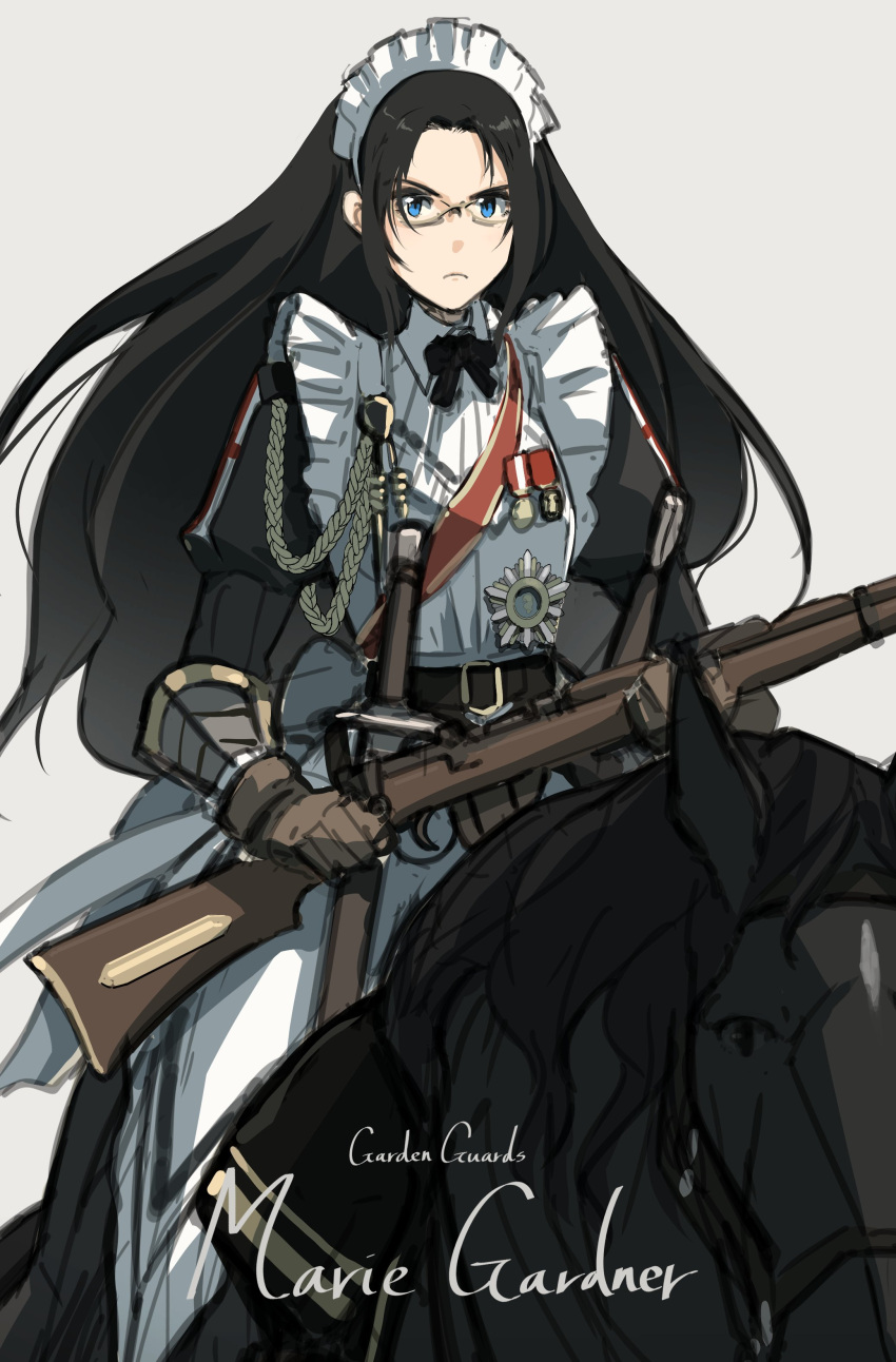 1girl absurdres apron asterisk_kome black_hair bolt_action character_name commentary_request english_text gloves gun highres horse horseback_riding lee-enfield long_hair maid maid_apron maid_headdress marie_gardner medal original riding rifle sheath sheathed sword weapon white_background