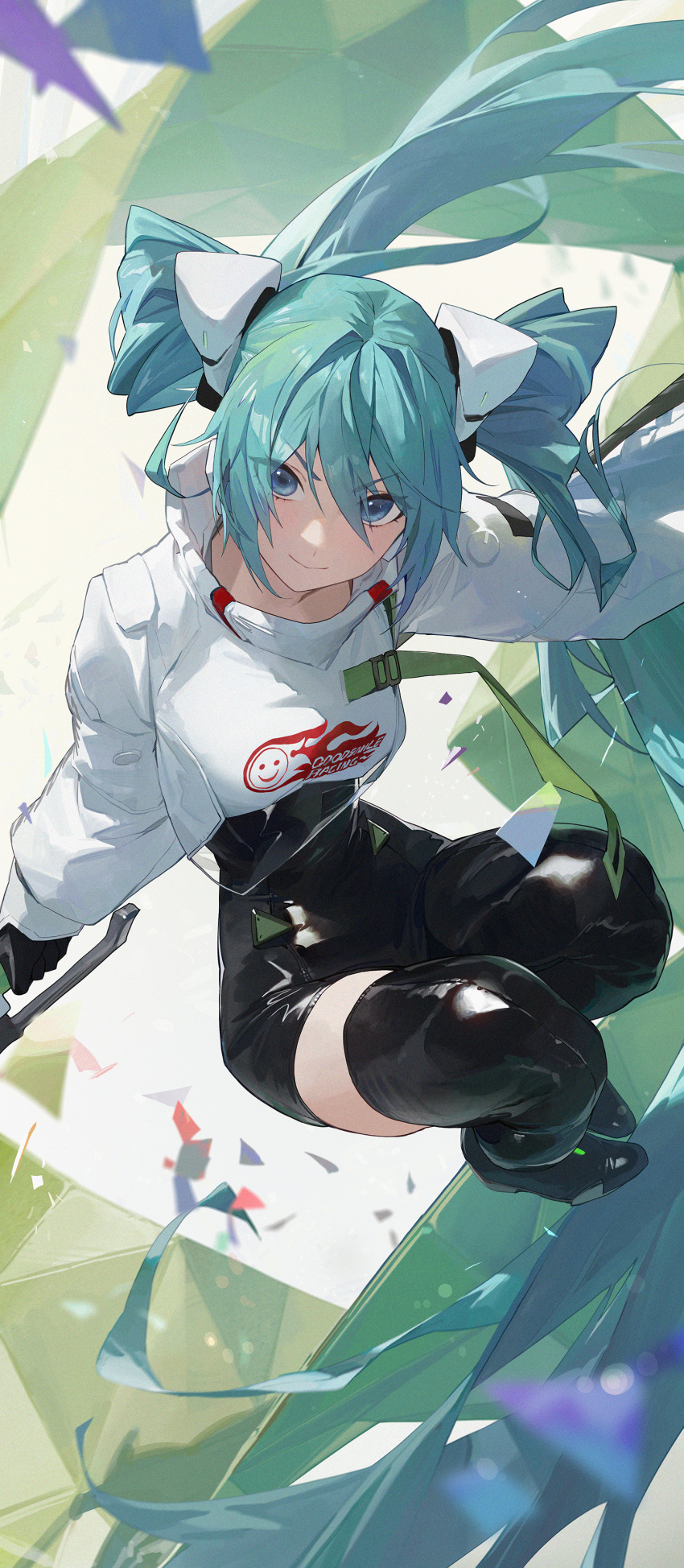 1girl absurdly_long_hair absurdres aqua_eyes aqua_hair black_bodysuit bodysuit breasts closed_mouth confetti cropped_jacket flame_print floating_hair full_body goodsmile_racing hatsune_miku headgear highres jacket knees_up long_hair looking_at_viewer modare racing_miku racing_miku_(2022) single_thighhigh smile smiley_face solo thigh-highs twintails v-shaped_eyebrows very_long_hair vocaloid white_jacket