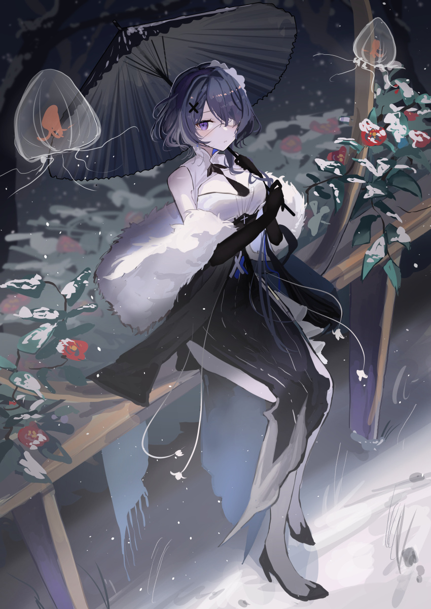 1girl :&lt; absurdres arknights asymmetrical_hair black_dress black_footwear black_gloves blush closed_mouth commentary dress elbow_gloves eyebrows_hidden_by_hair eyepatch feather_boa flower full_body gloves grass hair_ornament hairband high_heels highres holding holding_umbrella jellyfish leaf long_hair looking_at_viewer natsuba002 official_alternate_costume one_eye_covered parasol purple_hair red_flower sitting snow snowing solo two-tone_dress umbrella violet_eyes whisperain_(arknights) whisperain_(tremble_cold)_(arknights) white_dress white_hairband x_hair_ornament