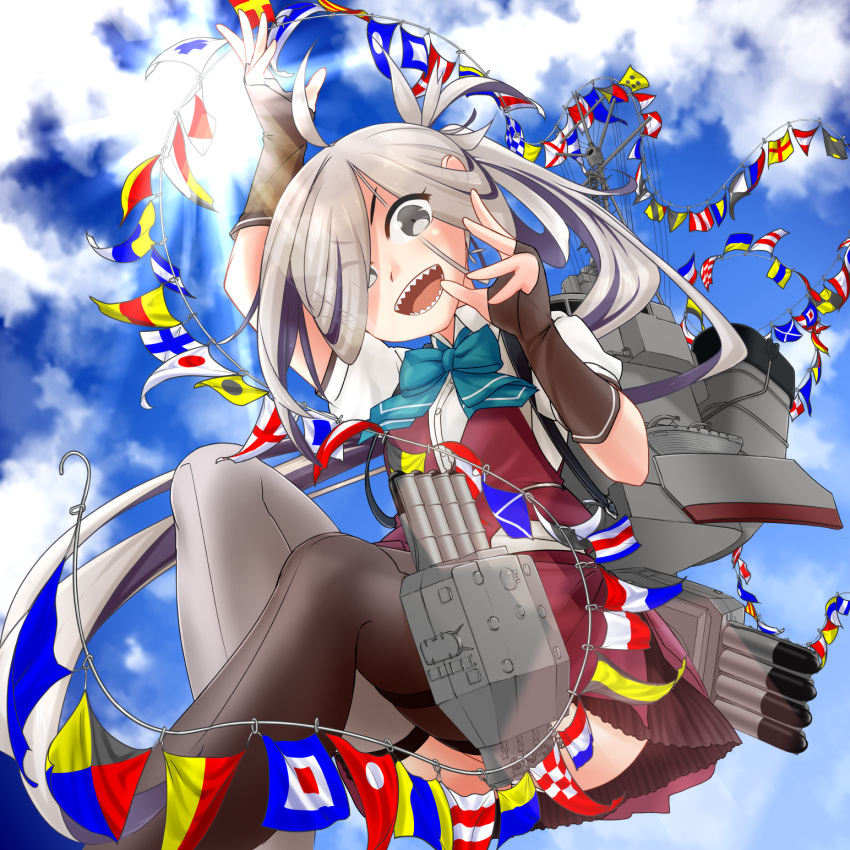 adapted_turret aqua_bow aqua_bowtie asashimo_(kancolle) asashimo_kai_ni_(kancolle) asymmetrical_legwear blazer blue_sky boots bow bowtie clouds cloudy_sky fangs fingerless_gloves flag gloves grey_hair hair_over_one_eye highres jacket kantai_collection looking_at_viewer machinery mismatched_legwear outdoors pleated_skirt shirt short_sleeves skirt sky sleeves_rolled_up smile sparkling-rain sunlight thigh-highs torpedo_launcher torpedo_tubes vest white_shirt