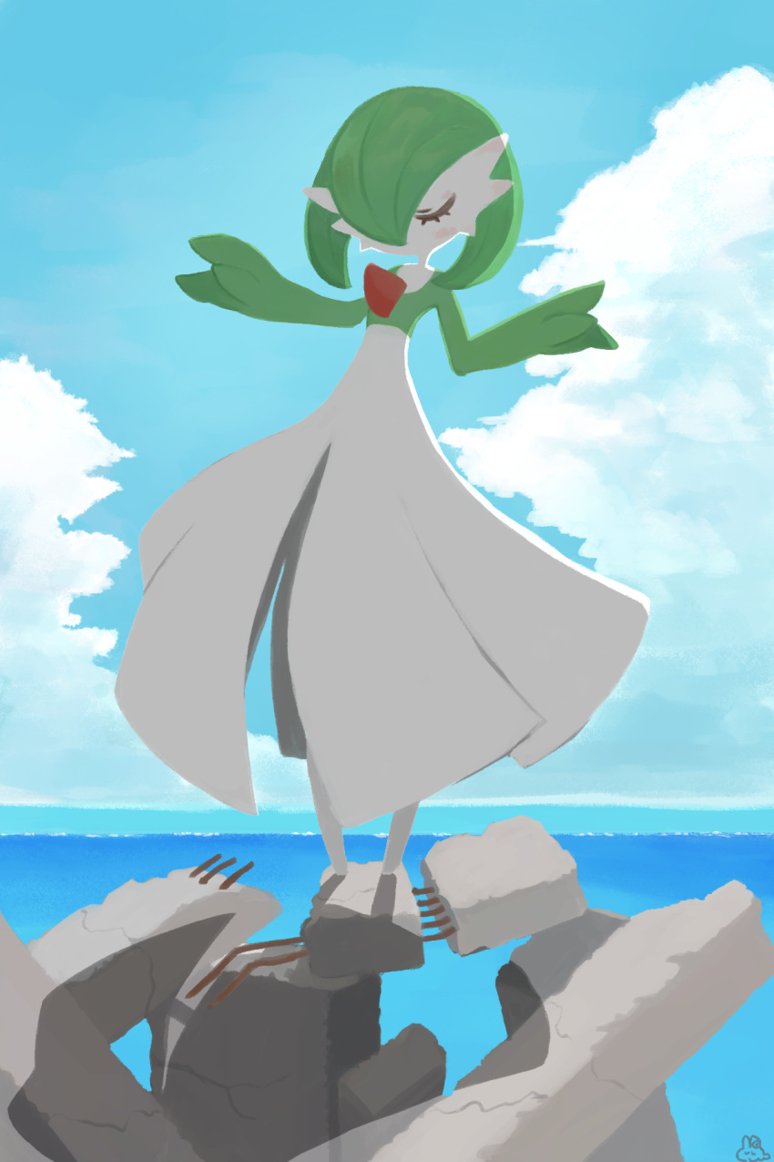 1girl backlighting bangs blue_sky blush bob_cut closed_eyes clouds colored_skin commentary_request day flat_chest full_body gardevoir green_hair green_skin hair_over_one_eye hands_up highres horizon light_blush multicolored_skin nyokki_(usa_nyoki_555) ocean one_eye_covered outdoors partial_commentary pokemon pokemon_(creature) rubble short_hair sky solo standing two-tone_skin u_u water watermark white_skin