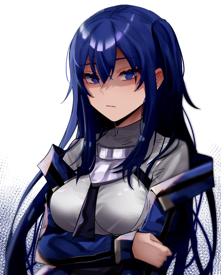 1girl absurdres arairev bangs blue_cloak blue_eyes blue_hair breasts cloak closed_mouth hai_to_gensou_no_grimgar hair_between_eyes highres long_hair looking_at_viewer merry_(grimgar) shaded_face shirt solo upper_body white_shirt