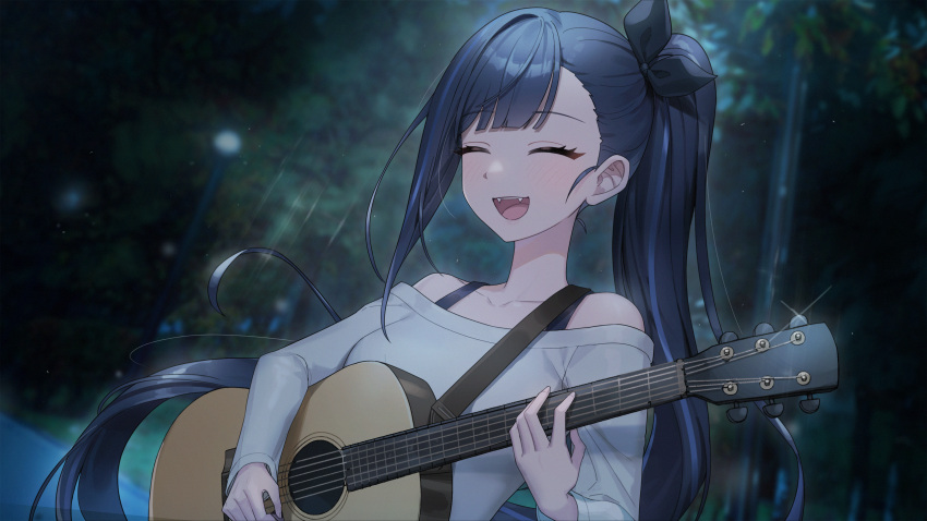 1girl baegbalbaegjung bangs blurry blurry_background closed_eyes dark_blue_hair facing_viewer fangs guitar highres holding holding_instrument instrument lilpa music off-shoulder_shirt off_shoulder open_mouth playing_instrument ponytail shirt solo upper_body virtual_youtuber waktaverse white_shirt