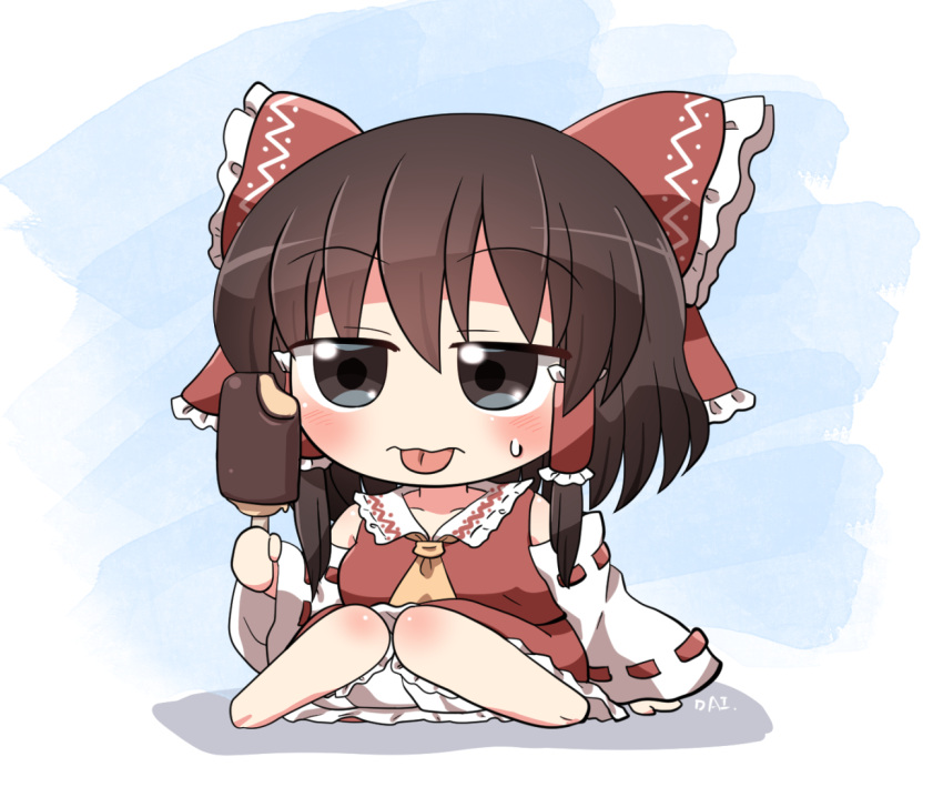 1girl ascot bare_shoulders barefoot bloomers blush bow brown_eyes brown_hair closed_mouth detached_sleeves food hair_between_eyes hair_bow hair_tubes hakurei_reimu holding holding_food japanese_clothes medium_hair nontraditional_miko popsicle red_bow red_skirt ribbon-trimmed_sleeves ribbon_trim rokugou_daisuke sidelocks signature skirt solo tongue tongue_out touhou underwear white_bloomers white_sleeves wide_sleeves yellow_ascot