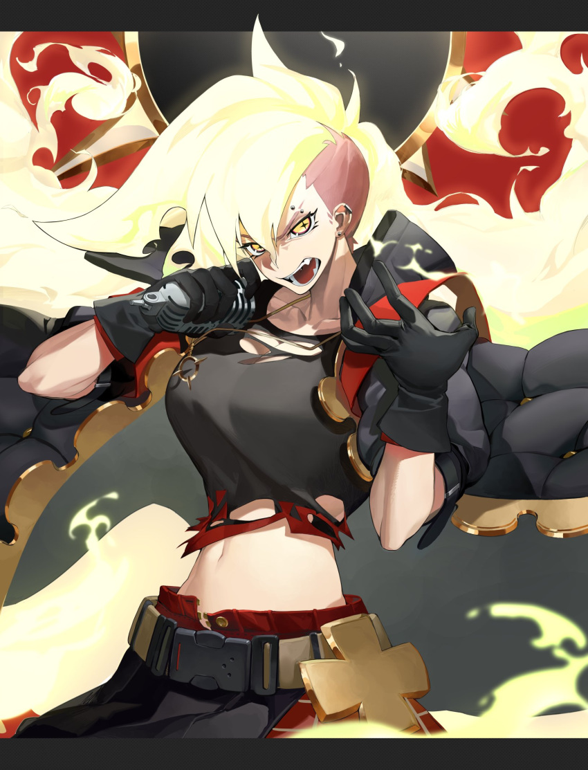 +_+ 1girl alchemy_stars baozhi belt black_coat black_gloves black_shirt blonde_hair breasts coat ear_piercing eyebrow_piercing fangs fiery_hair fire gloves hands_up highres holding holding_microphone jewelry large_breasts letterboxed looking_at_viewer microphone midriff navel necklace open_clothes open_coat open_mouth piercing regina_(alchemy_stars) shirt short_sleeves snap-fit_buckle solo torn_clothes torn_shirt undercut upper_body v-shaped_eyebrows yellow_eyes