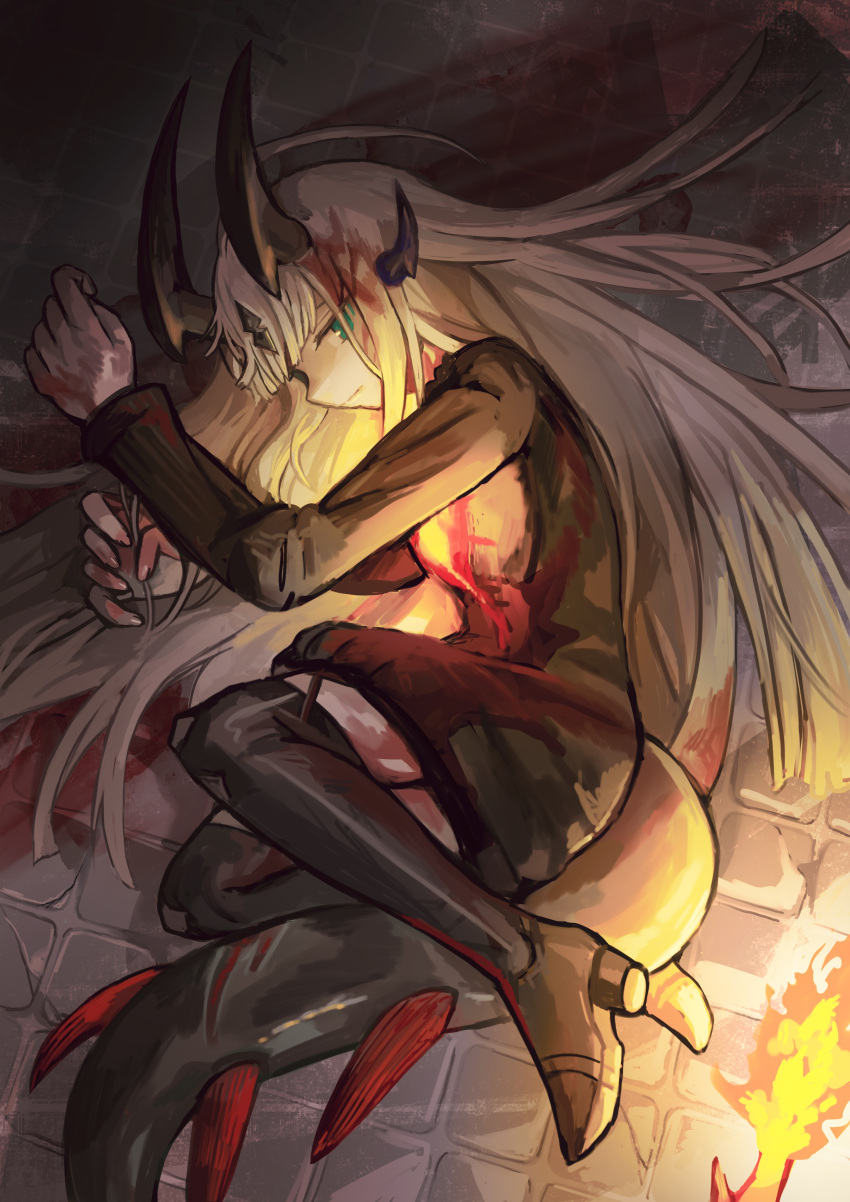 1girl absurdres arknights blonde_hair blood boots buchi0122 dark dragon_tail flame-tipped_tail green_eyes highres horns light_in_heart long_hair lying on_side reed_(arknights) ribbed_sweater sweater tail thigh_boots very_long_hair