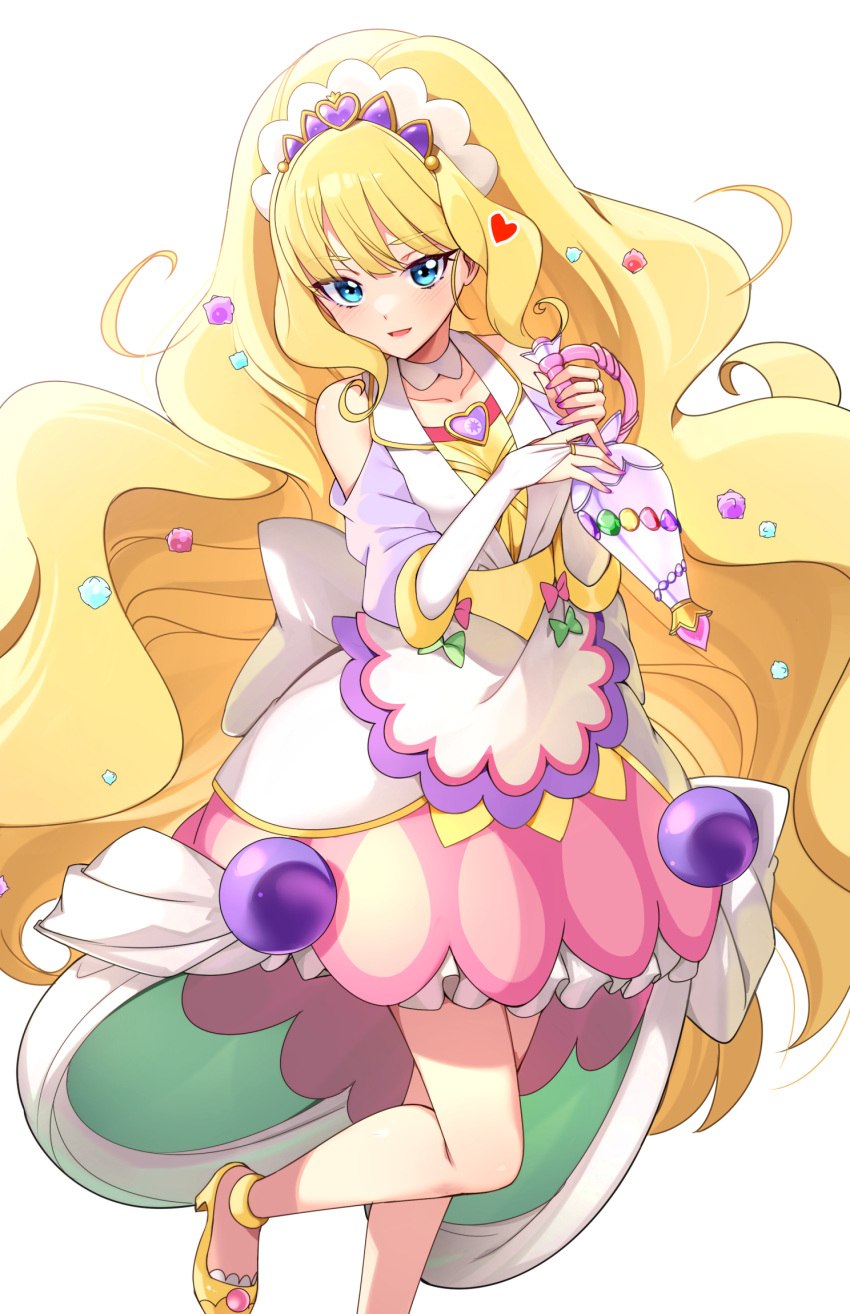 1girl blonde_hair blue_eyes bridal_gauntlets brooch cure_finale delicious_party_precure heart_brooch highres jewelry kasai_amane long_hair looking_at_viewer magical_girl open_mouth precure rumo simple_background smile solo standing standing_on_one_leg tiara very_long_hair white_background