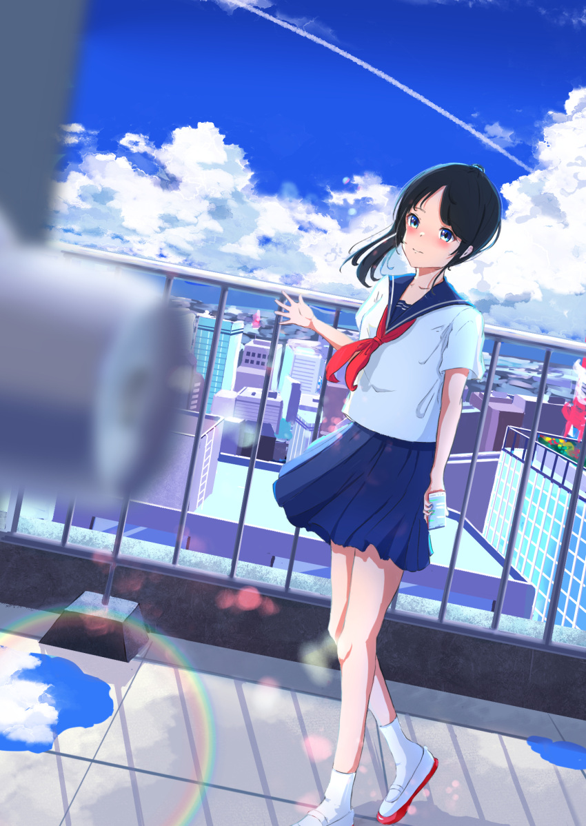 1girl black_hair blue_eyes blue_sailor_collar blue_skirt blue_sky blush cellphone city cityscape closed_mouth clouds commentary_request full_body highres holding holding_phone long_hair original outdoors phone ponytail puddle railing reflection rooftop sailor_collar sayu020401 scenery school_uniform serafuku shoes short_sleeves skirt sky smartphone socks standing summer sweatdrop uniform uwabaki white_footwear white_serafuku white_socks