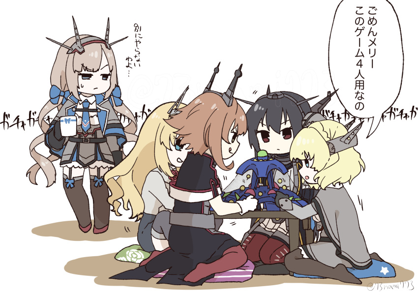 5girls black_gloves black_hair blonde_hair blue_eyes blue_necktie blue_ribbon brown_eyes brown_hair capelet coat colorado_(kancolle) commentary_request cushion frilled_skirt frills garter_straps gloves headgear highres kantai_collection long_hair maryland_(kancolle) multiple_girls mutsu_(kancolle) mutsuki_(kancolle) mutsuki_kai_ni_(kancolle) nagato_(kancolle) nagato_kai_ni_(kancolle) nami_nami_(belphegor-5812) necktie nelson_(kancolle) playing_games ribbon short_hair simple_background skirt table thigh-highs translation_request white_gloves
