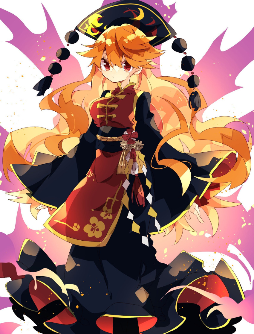 1girl aura bangs black_dress black_headwear chinese_clothes closed_mouth commentary dress feet_out_of_frame highres junko_(touhou) long_dress long_hair long_sleeves looking_at_viewer nikorashi-ka obi one-hour_drawing_challenge orange_hair phoenix_crown red_eyes red_tabard sash sleeves_past_wrists solo tassel touhou very_long_hair white_background wide_sleeves