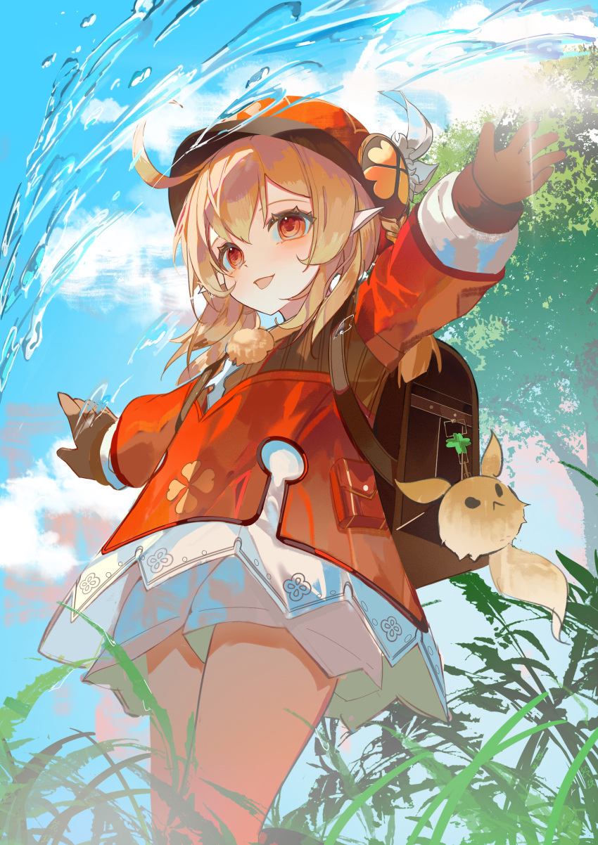 1girl :d absurdres ahoge backpack bag bag_charm bangs bloomers blue_sky brown_gloves brown_scarf cabbie_hat charm_(object) clouds cloudy_sky clover_print coat commentary_request dodoco_(genshin_impact) genshin_impact gloves hair_between_eyes hat hat_feather hat_ornament highres klee_(genshin_impact) light_brown_hair long_hair long_sleeves low_twintails orange_eyes outstretched_arms pocket pointy_ears randoseru red_coat red_headwear scarf sidelocks sky smile solo spread_arms twintails underwear zc_ling