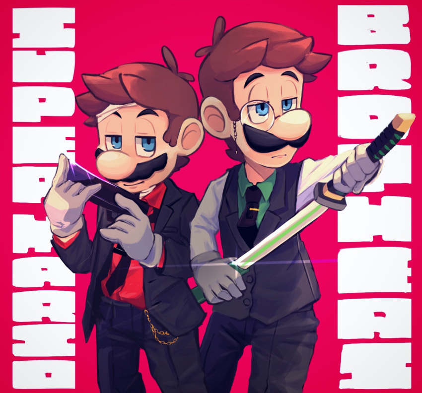 2boys bandages black_necktie black_suit blue_eyes brothers brown_hair copyright_name facial_hair formal glint gloves green_shirt gun highres hiyashimeso holding holding_gun holding_weapon katana long_sleeves luigi male_focus mario mario_bros. monocle multiple_boys mustache necktie red_background red_shirt sheath shirt siblings simple_background standing suit super_mario_bros. sword unsheathing watch_fob weapon white_gloves