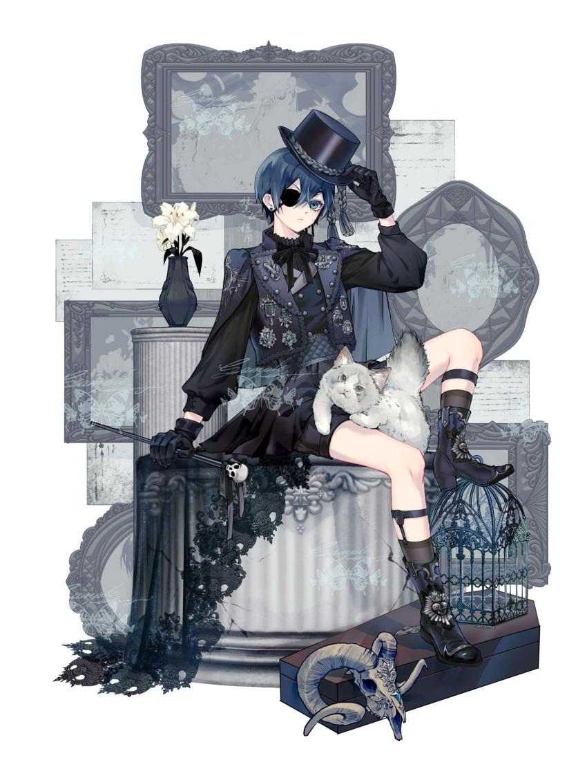 1boy adjusting_clothes adjusting_headwear bishounen black_hair blue_eyes blue_hair bone bow bowtie cage cat ciel_phantomhive flower formal framed gloves guiyin007 hair_over_one_eye hat highres holding holding_stick jewelry kuroshitsuji lily_(flower) long_sleeves looking_at_viewer male_focus otoko_no_ko short_hair shorts sleeve_cuffs solo stick thigh_strap top_hat victorian