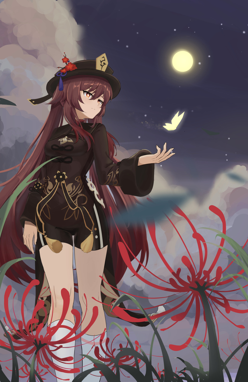 1girl absurdres bangs brown_hair bug butterfly chinese_clothes clouds cloudy_sky commentary_request czk flower full_moon genshin_impact hair_between_eyes hat hat_flower hat_ornament highres hu_tao_(genshin_impact) jewelry kneehighs long_hair long_sleeves looking_afar looking_away moon night night_sky orange_eyes ring short_shorts shorts sidelocks sky socks solo star_(sky) starry_sky symbol-shaped_pupils twintails walking