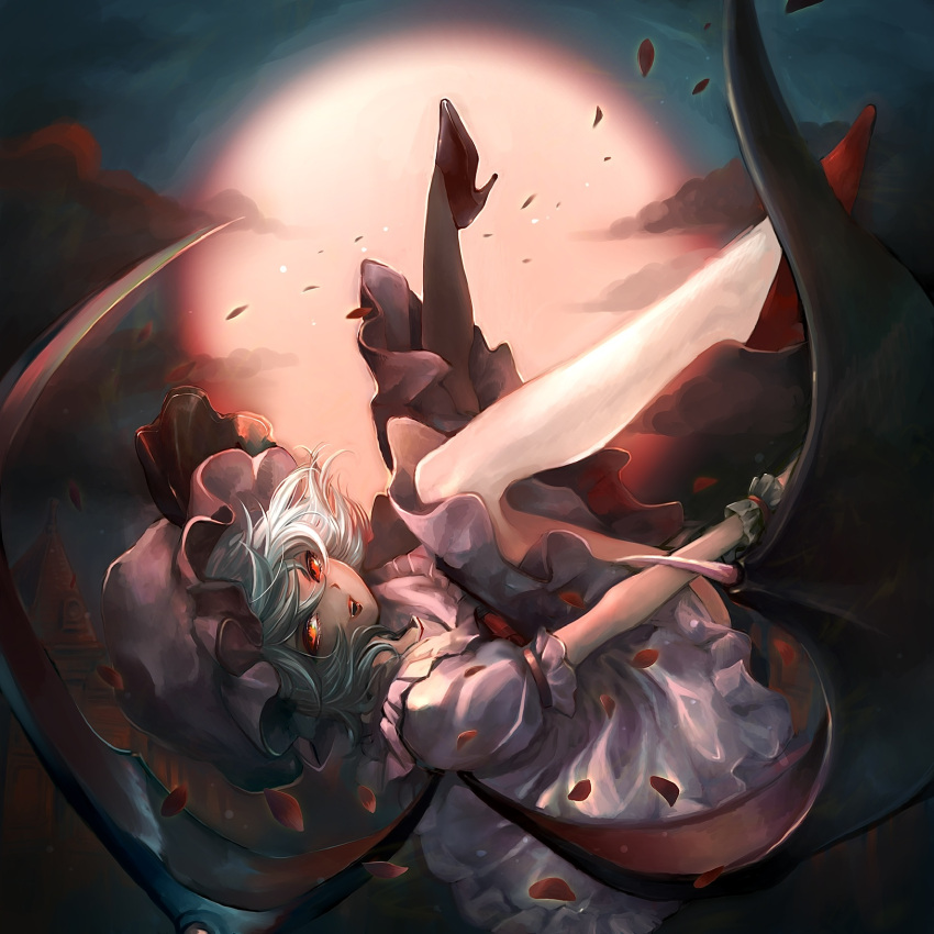 1girl bat_wings blue_hair building clouds collared_shirt commentary falling_petals fangs frilled_shirt_collar frilled_sleeves frills full_body full_moon hat hat_ribbon high_heels highres konnyakutarooou lips looking_at_viewer mob_cap moon night night_sky open_mouth petals pink_headwear pink_shirt pink_skirt puffy_short_sleeves puffy_sleeves red_eyes red_footwear red_moon red_ribbon remilia_scarlet ribbon shirt short_hair short_sleeves skirt skirt_set sky smile solo teeth touhou tsurime upper_teeth wings wrist_cuffs