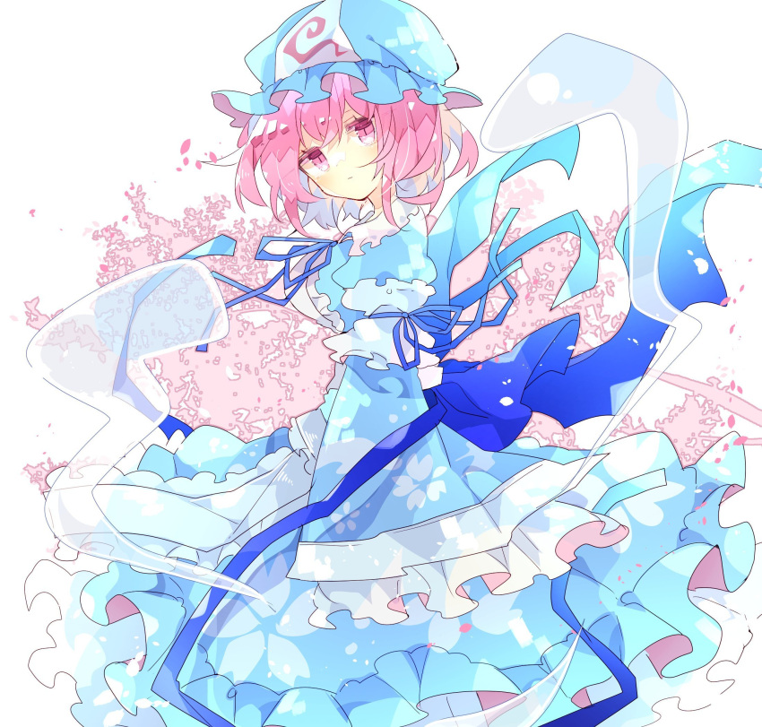1girl arm_ribbon back_bow bangs blue_bow blue_headwear blue_kimono blue_ribbon bow cherry_blossoms expressionless feet_out_of_frame frilled_kimono frilled_sleeves frills from_side ghost hat head_tilt highres japanese_clothes kimono long_sleeves looking_at_viewer medium_hair mob_cap neck_ribbon nikorashi-ka petals pink_eyes pink_hair ribbon saigyouji_yuyuko sleeves_past_fingers sleeves_past_wrists solo symbol-only_commentary touhou triangular_headpiece white_background wide_sleeves