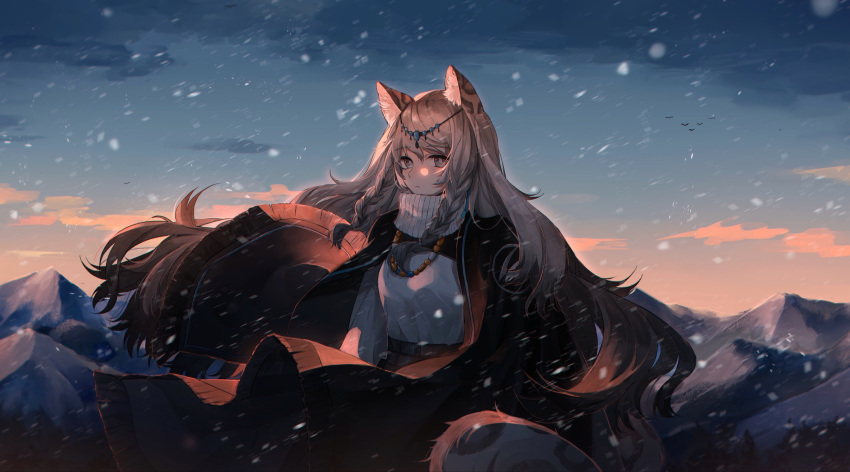 1girl animal_ears arknights azure_silan bead_necklace beads bird black_cloak black_hair braid breasts chinese_commentary circlet cloak closed_mouth clouds cloudy_sky cowboy_shot dress dusk expressionless eyebrows_hidden_by_hair grey_eyes hair_between_eyes highres jewelry leopard_ears leopard_girl leopard_tail long_hair looking_at_viewer medium_breasts motion_blur mountain mountainous_horizon necklace outdoors pramanix_(arknights) side_braids sidelocks sky snow snowing solo spotted_tail standing tail turtleneck_dress white_dress white_hair wind