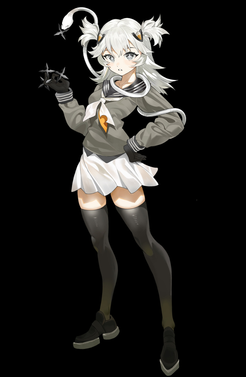 +_+ 1girl absurdres alchemy_stars bangs black_background black_footwear black_gloves black_thighhighs breasts florine_(alchemy_stars) gloves grey_eyes grey_shirt hair_ornament hand_on_hip hand_up highres holding_shuriken long_hair long_sleeves looking_at_viewer miniskirt mosquito_(illumos233) neckerchief open_mouth sailor_collar shirt shoes shuriken simple_background skirt small_breasts snake solo standing thigh-highs two_side_up weapon white_hair white_neckerchief white_skirt zettai_ryouiki