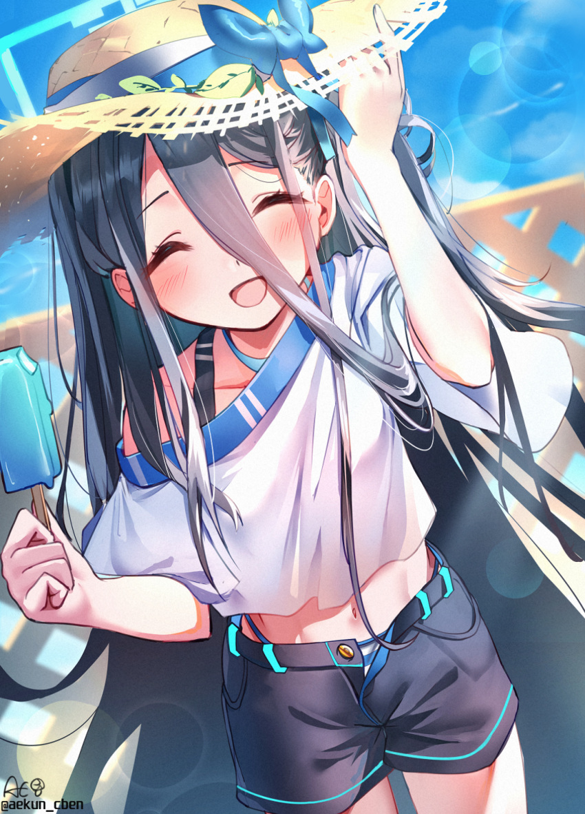 1girl aekun_cben alternate_costume arisu_(blue_archive) blue_archive blush casual commentary_request dark_blue_hair food halo hat highres lens_flare long_hair navel open_mouth popsicle shorts sky smile solo straw_hat swimsuit swimsuit_under_clothes very_long_hair