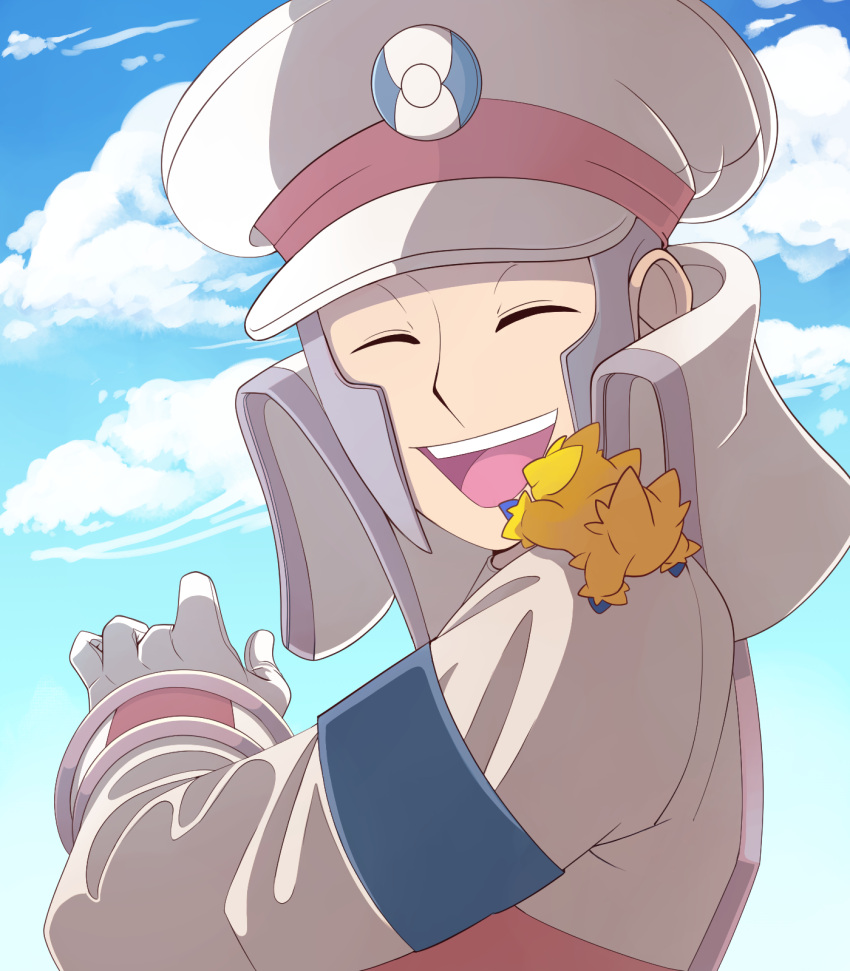 1boy closed_eyes clouds coat day emmet_(pokemon) gloves grey_hair happy hat highres joltik male_focus on_shoulder peaked_cap pokemon pokemon_(creature) pokemon_(game) pokemon_bw pokemon_on_shoulder rei_(esprei96) sky smile teeth white_coat white_gloves