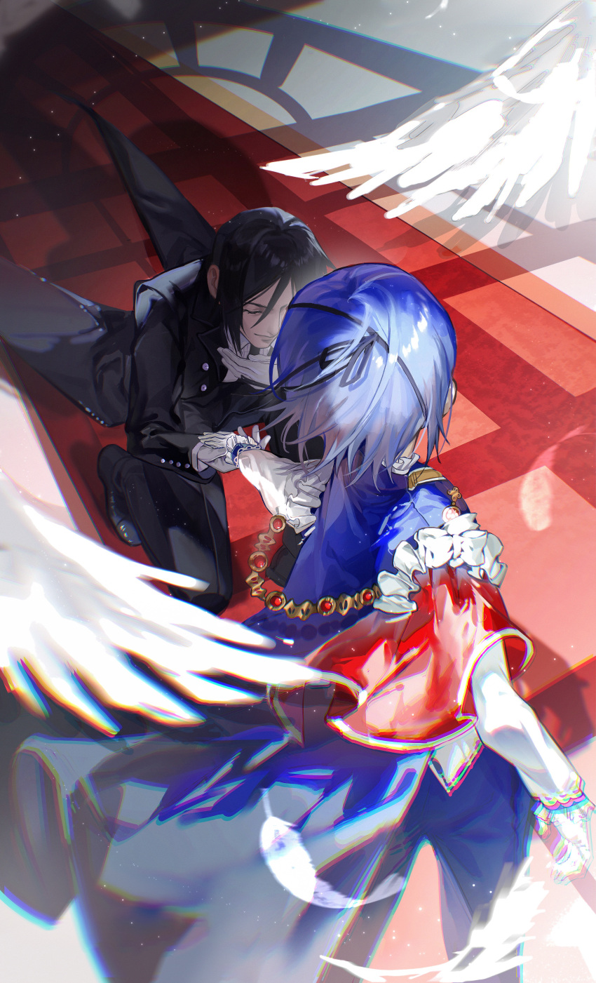 2boys absurdres back bishounen black_hair butler chromatic_aberration ciel_phantomhive formal frilled_sleeves frills gem gloves highres jewelry kneeling kuroshitsuji light_particles long_sleeves male_focus multiple_boys one_knee sebastian_michaelis short_hair sparkle white_bird white_gloves yunzhanyun