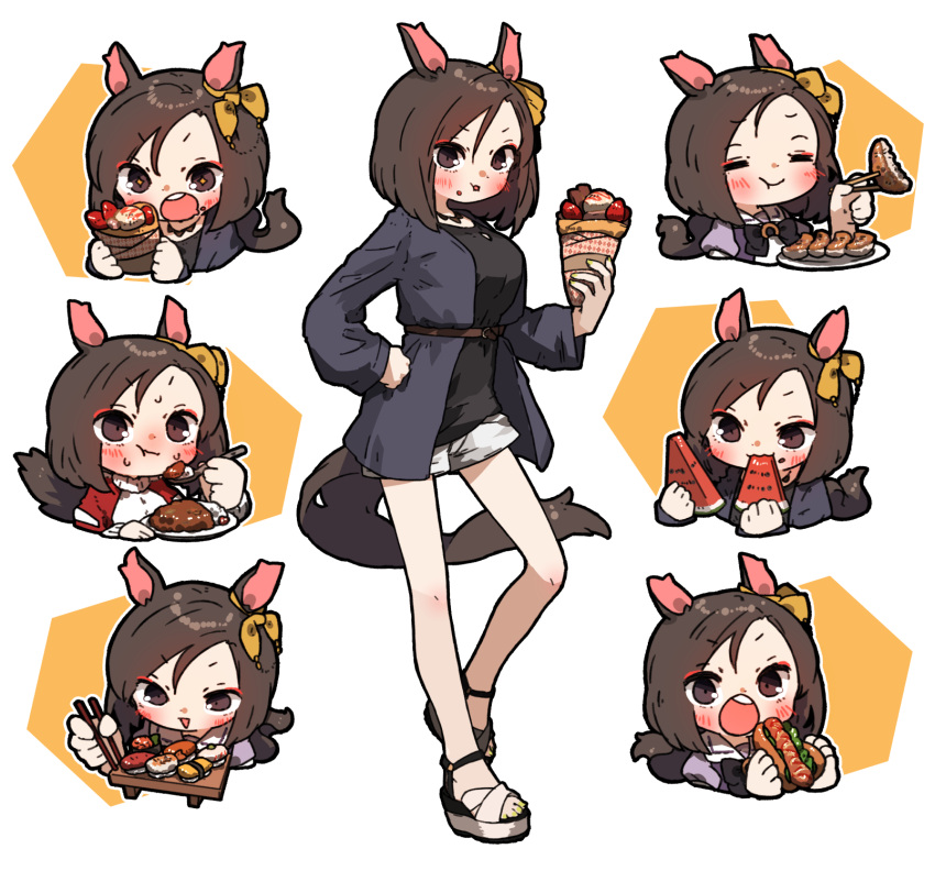 1girl =_= air_groove_(umamusume) amonitto animal_ears belt black_shirt blue_jacket blush breasts brown_eyes brown_hair chibi chopsticks crepe curry food fruit highres holding holding_chopsticks holding_food holding_spoon horse_ears horse_girl horse_tail hot_dog jacket jewelry medium_breasts multiple_views necklace open_clothes open_jacket open_mouth plate platform_footwear platform_heels rice sailor_collar school_uniform shirt short_hair shorts spoon sushi sweat tail tracen_school_uniform umamusume v-shaped_eyebrows watermelon white_shorts