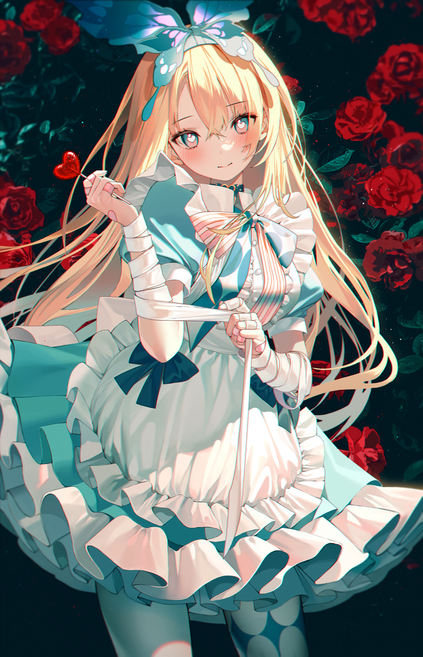 1girl alice_(grimlight) apron asymmetrical_legwear bandaged_arm bandages bandaid bandaid_on_hand bangs blonde_hair bow bowtie butterfly_hair_ornament candy dress duplicate flower food frilled_dress frills green_bow green_bowtie green_dress grimlight hair_ornament heart heart-shaped_pupils highres holding holding_candy holding_food holding_lollipop kinty lollipop long_hair looking_at_viewer mismatched_legwear multicolored_bowtie pantyhose pixel-perfect_duplicate puffy_short_sleeves puffy_sleeves red_flower rose short_sleeves solo striped striped_bow striped_bowtie symbol-shaped_pupils white_apron