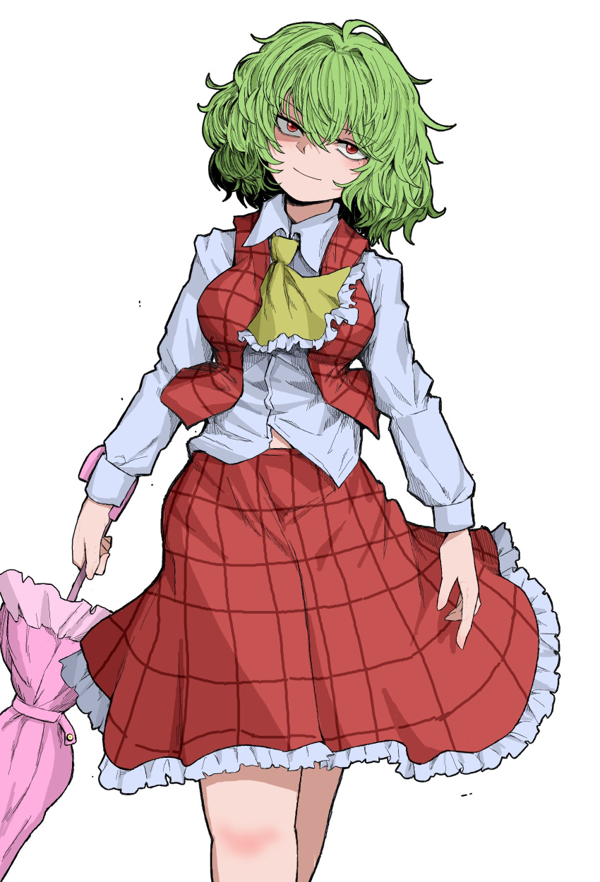1girl absurdres ascot bangs closed_mouth closed_umbrella fe_(tetsu) green_hair highres holding holding_umbrella kazami_yuuka long_sleeves looking_at_viewer pink_umbrella plaid plaid_skirt plaid_vest red_eyes red_skirt red_vest shirt simple_background skirt smile solo standing touhou umbrella vest white_background white_shirt yellow_ascot