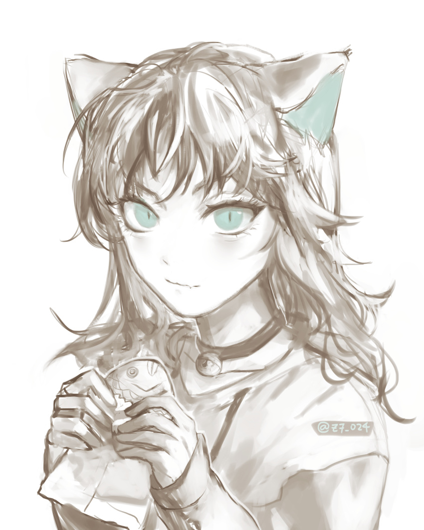 1girl absurdres animal_ears artist_name bell cat_ears collar food green_eyes greyscale highres holding looking_at_viewer monochrome neck_bell original purplecat_chi sleeves_past_wrists solo taiyaki wagashi wavy_hair white_background