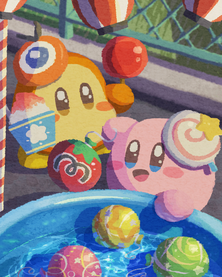 ball blush candy festival food highres ice kirby kirby_(series) lamp lollipop mask miclot open_mouth outdoors pool sparkling_eyes star_(symbol) tongue waddle_dee water