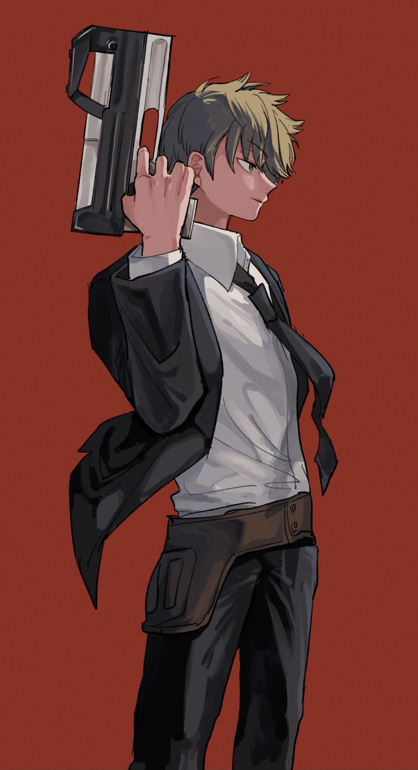 1boy aoi_(yooo009) bangs black_jacket black_necktie black_pants blonde_hair closed_mouth collared_shirt cowboy_shot finger_on_trigger formal from_side gun hand_up highres holding holding_gun holding_weapon holster inukai_sumiharu jacket light_smile long_sleeves male_focus necktie pants profile red_background shirt short_hair simple_background solo standing suit uniform weapon white_shirt world_trigger
