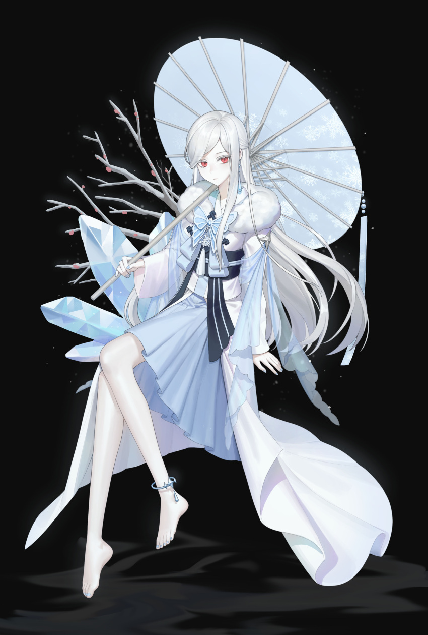 1girl absurdres baegbalbaegjung bangs black_background branch brooch closed_mouth crystal floating forever_7th_capital fur_trim highres holding holding_umbrella jewelry long_hair long_sleeves looking_at_viewer obi red_eyes sash solo umbrella white_hair