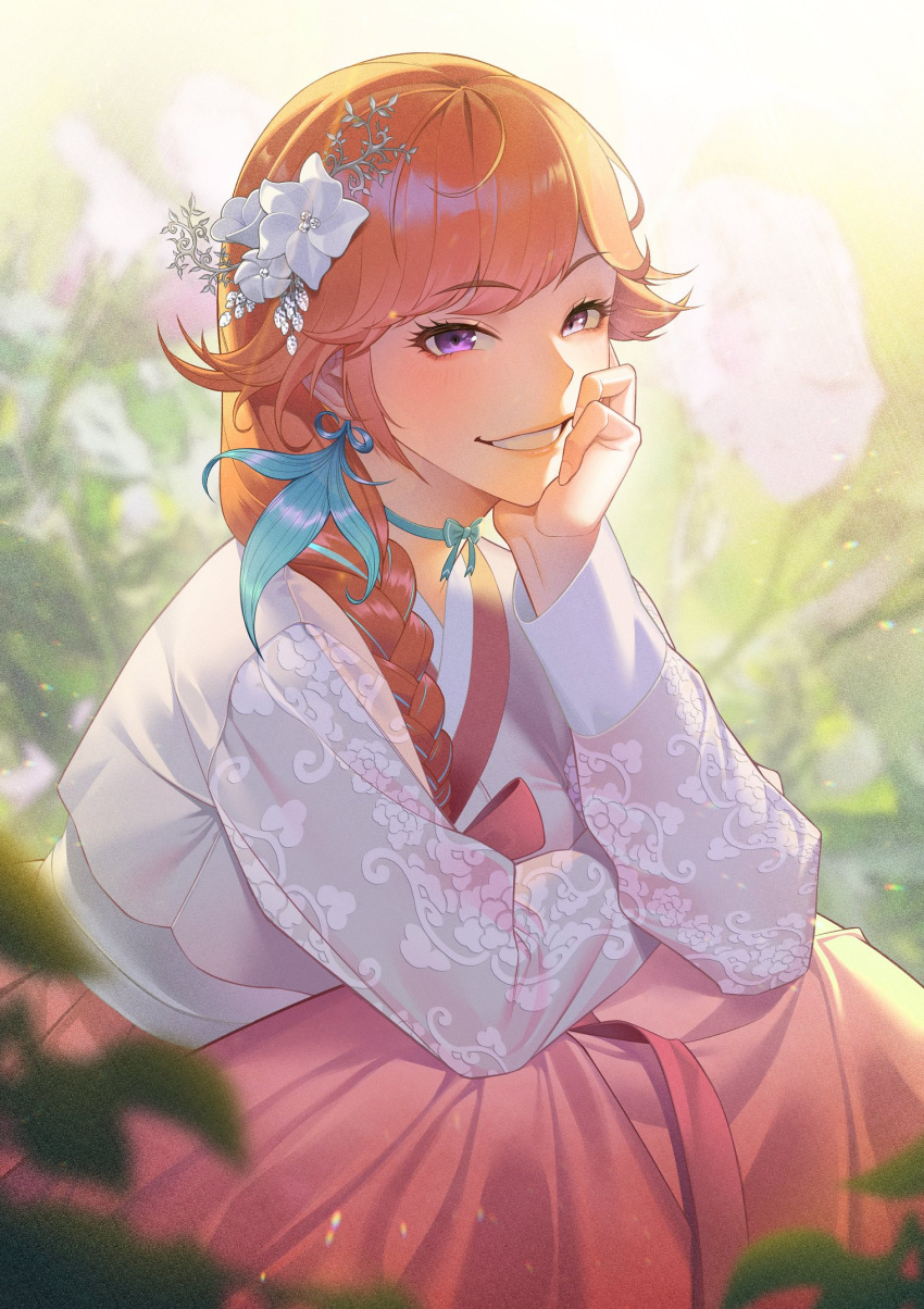 1girl alternate_costume blush bow bow_choker breasts choker earrings flower from_side green_bow green_choker hair_flower hair_ornament hanbok highres hololive hololive_english jewelry korean_clothes looking_at_viewer medium_breasts myun_gom orange_hair parted_lips sitting smile solo takanashi_kiara violet_eyes white_flower