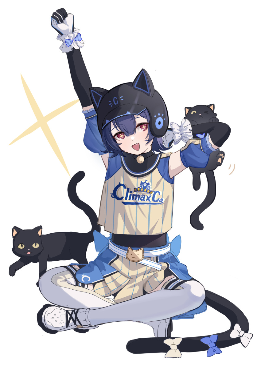 +_+ 1girl absurdres animal_ears_helmet arms_up bangs belt black_gloves blue_hair cat cat_tail elbow_gloves fake_tail fang full_body gloves helmet highres idolmaster idolmaster_shiny_colors indian_style looking_at_viewer medium_hair morino_rinze open_mouth red_eyes shirt shoes simple_background sitting skirt sleeveless sleeveless_shirt smile sneakers solo tail thigh-highs white_background white_footwear white_thighhighs xiu_kukkii