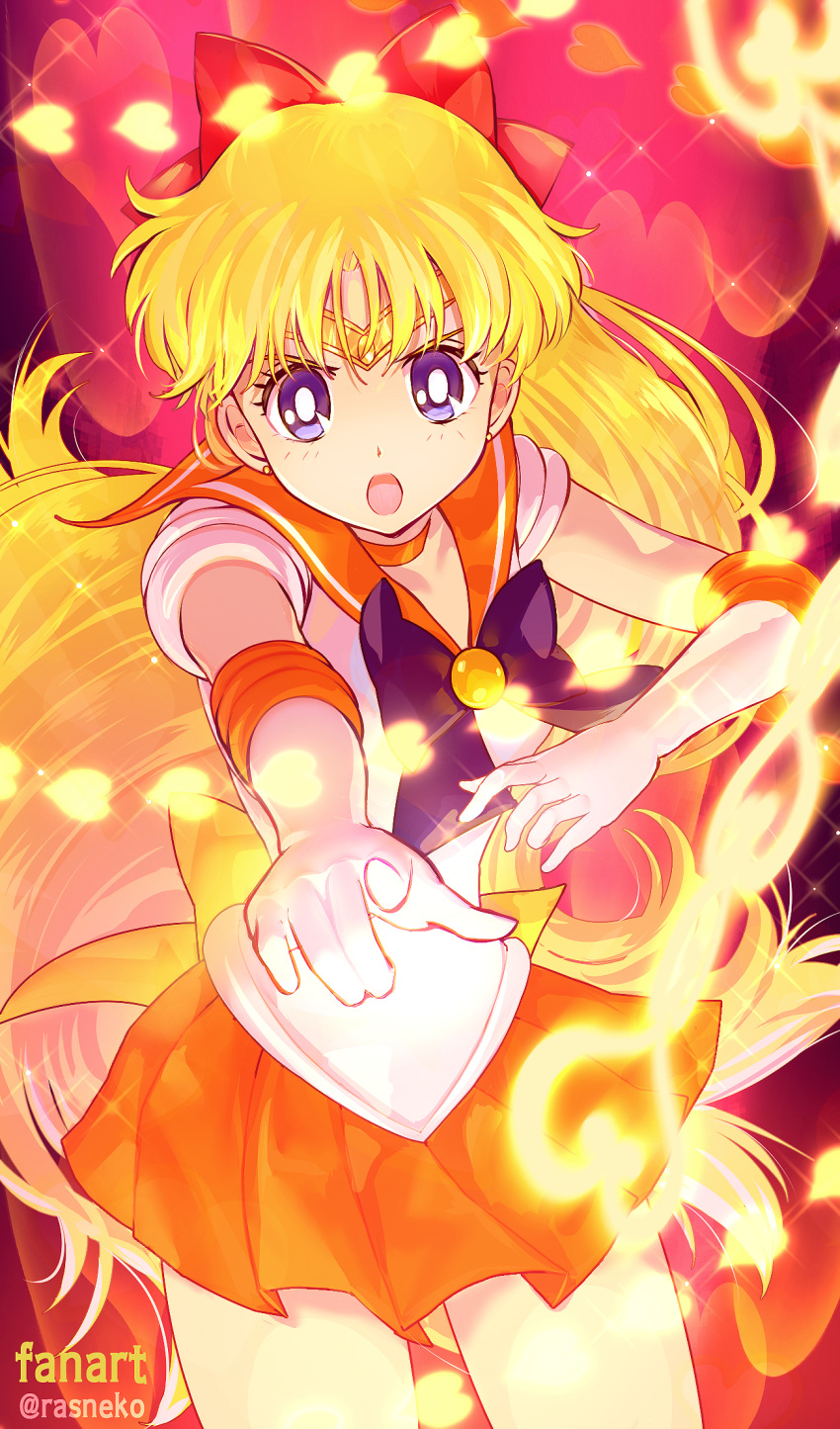 1girl aino_minako artist_name bishoujo_senshi_sailor_moon blonde_hair bow choker gloves hair_bow highres long_hair neck_ribbon open_mouth orange_choker orange_sailor_collar orange_skirt pointing pointing_at_viewer purple_ribbon rasneko red_ribbon ribbon sailor_collar sailor_venus skirt solo thighs twitter_username violet_eyes white_gloves