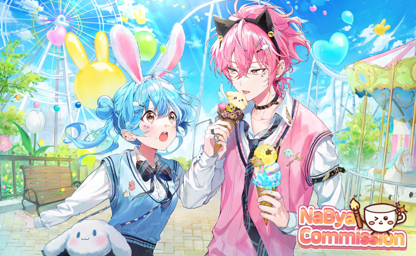 1boy 1girl absurdres amusement_park animal_ears artist_name bag balloon bangs blue_hair blue_sweater_vest bow bowtie brown_eyes collar collared_shirt commission copyright_request fake_animal_ears food grey_eyes hair_between_eyes highres hongnabya ice_cream ice_cream_cone jewelry long_sleeves looking_at_another necktie open_mouth outdoors pink_hair pink_sweater_vest ring shirt short_hair shoulder_bag sweater_vest upper_body watermark white_shirt