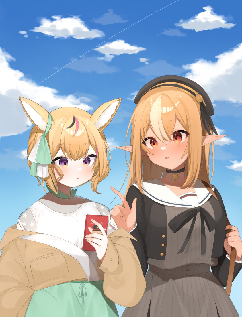 2girls animal_ear_fluff animal_ears beret black_bow black_bowtie black_headwear black_jacket blonde_hair blue_sky blush bow bowtie brown_dress brown_jacket clouds cropped_jacket dress elf fox_ears hat highres hololive jacket long_hair long_sleeves looking_at_phone mikukana133 multicolored_hair multiple_girls off_shoulder omaru_polka open_clothes open_jacket parted_lips phone pointy_ears red_eyes sailor_collar shiranui_flare shirt short_hair sky streaked_hair striped striped_dress upper_body vertical-striped_dress vertical_stripes violet_eyes virtual_youtuber white_hair white_sailor_collar white_shirt