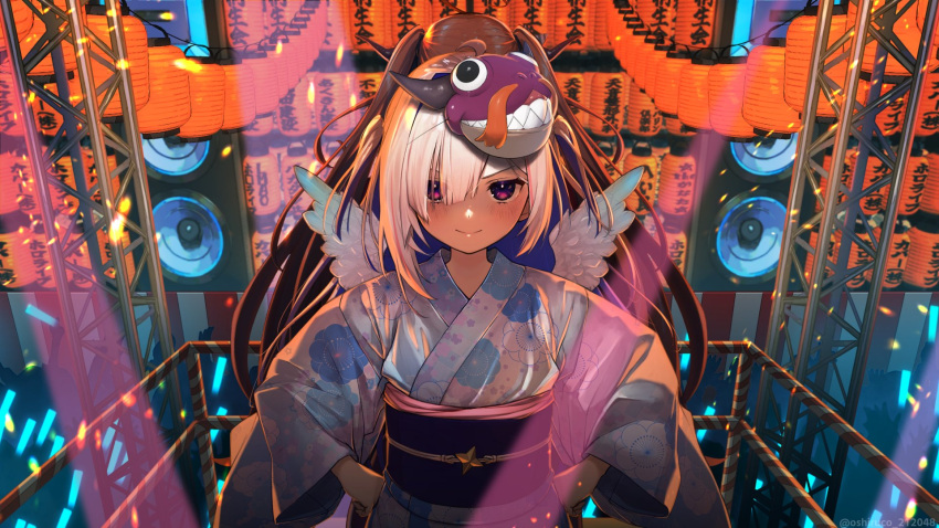 2girls amane_kanata amplifier angel_wings asymmetrical_hair back-to-back bangs blush closed_mouth commentary_request concert crowd glowstick hair_over_one_eye hands_on_hips highres hololive japanese_clothes kimono kiryu_coco_(dragon) lantern long_sleeves looking_at_viewer mask mask_on_head multiple_girls obi obiage obijime oshiruko_(oshiruco_212048) paper_lantern sash smile standing swept_bangs violet_eyes virtual_youtuber white_hair wide_sleeves wings yukata