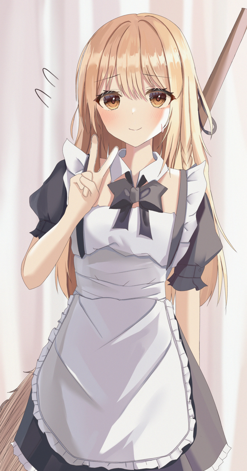 1girl absurdres alternate_costume aohane apron enmaided flying_sweatdrops frilled_apron frills highres kirisame_marisa long_hair looking_at_viewer maid puffy_short_sleeves puffy_sleeves short_sleeves smile solo touhou v white_apron