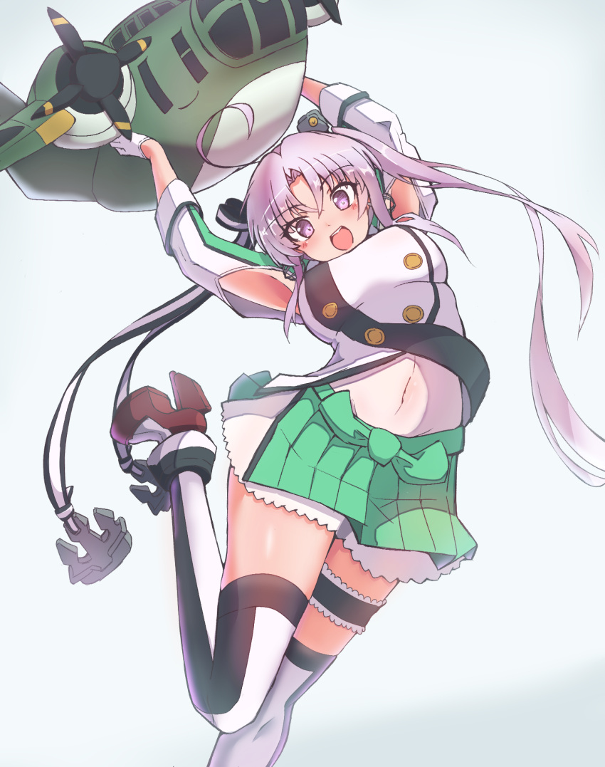 1girl 702_(naotsu) ahoge aircraft airplane akitsushima_(kancolle) anchor_hair_ornament armpit_cutout breasts clothing_cutout flying_boat gloves green_skirt h8k hair_ornament hair_ribbon hat highres holding kantai_collection light_purple_hair long_hair long_sleeves medium_breasts mini_hat miniskirt nishikitaitei-chan open_mouth pleated_skirt ribbon side_ponytail sidelocks skirt solo standing standing_on_one_leg thigh-highs violet_eyes white_gloves
