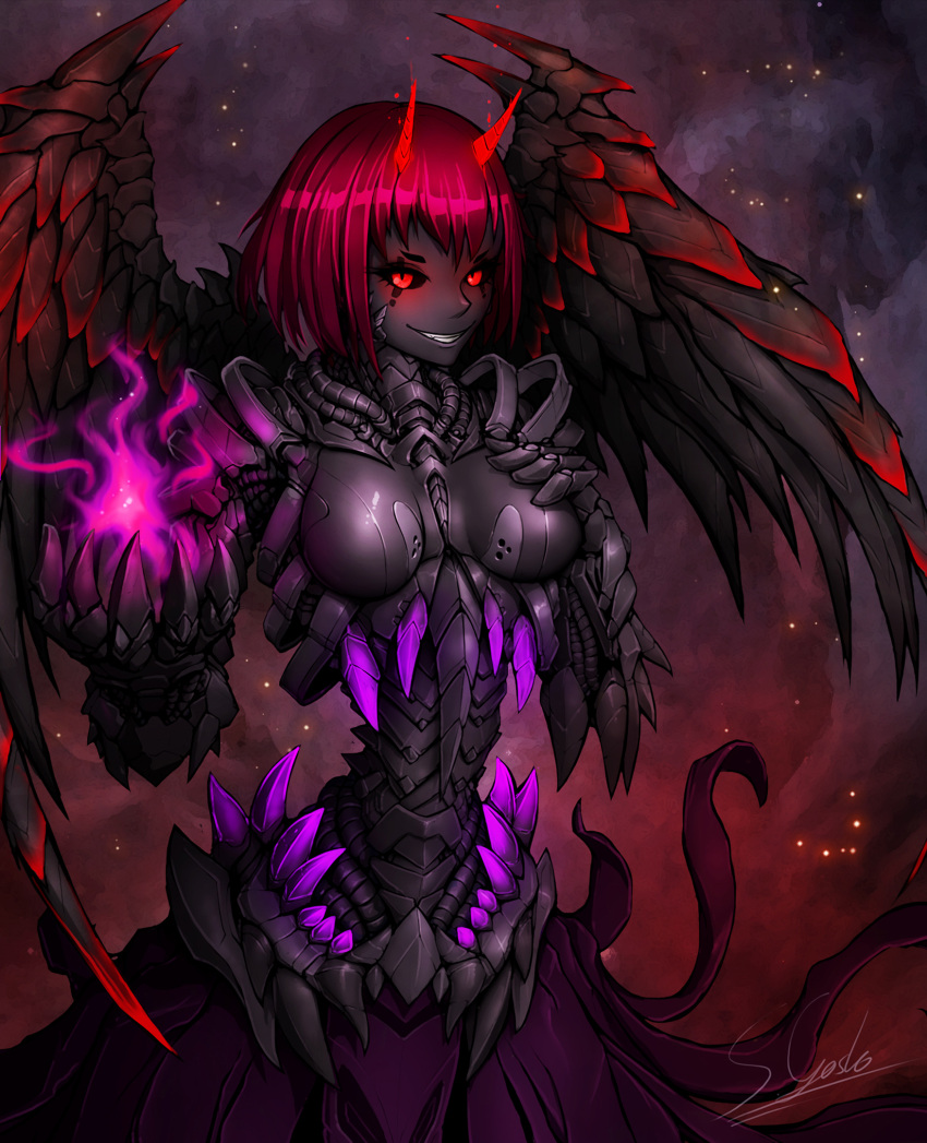 1girl black_sclera black_skin colored_sclera colored_skin cyborg demon_girl demon_horns demon_wings english_commentary glowing glowing_eyes grin hand_on_own_chest highres horns kookrite looking_at_viewer original red_eyes redhead science_fiction short_hair signature smile solo wings