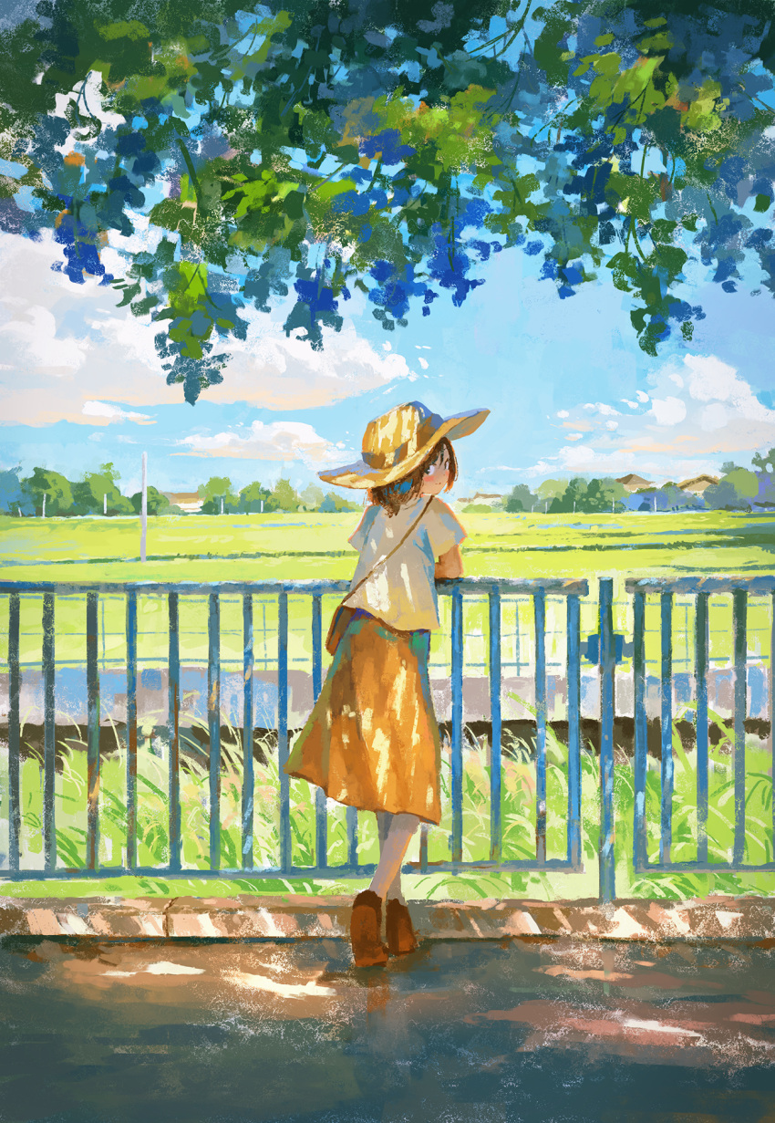 1girl bag bangs blue_sky brown_eyes brown_footwear brown_hair building closed_mouth clouds fence field fjsmu handbag hat highres looking_at_viewer looking_back meadow original outdoors painterly scenery shirt shoes short_hair short_sleeves skirt sky smile solo standing straw_hat sun_hat tree white_shirt yellow_skirt