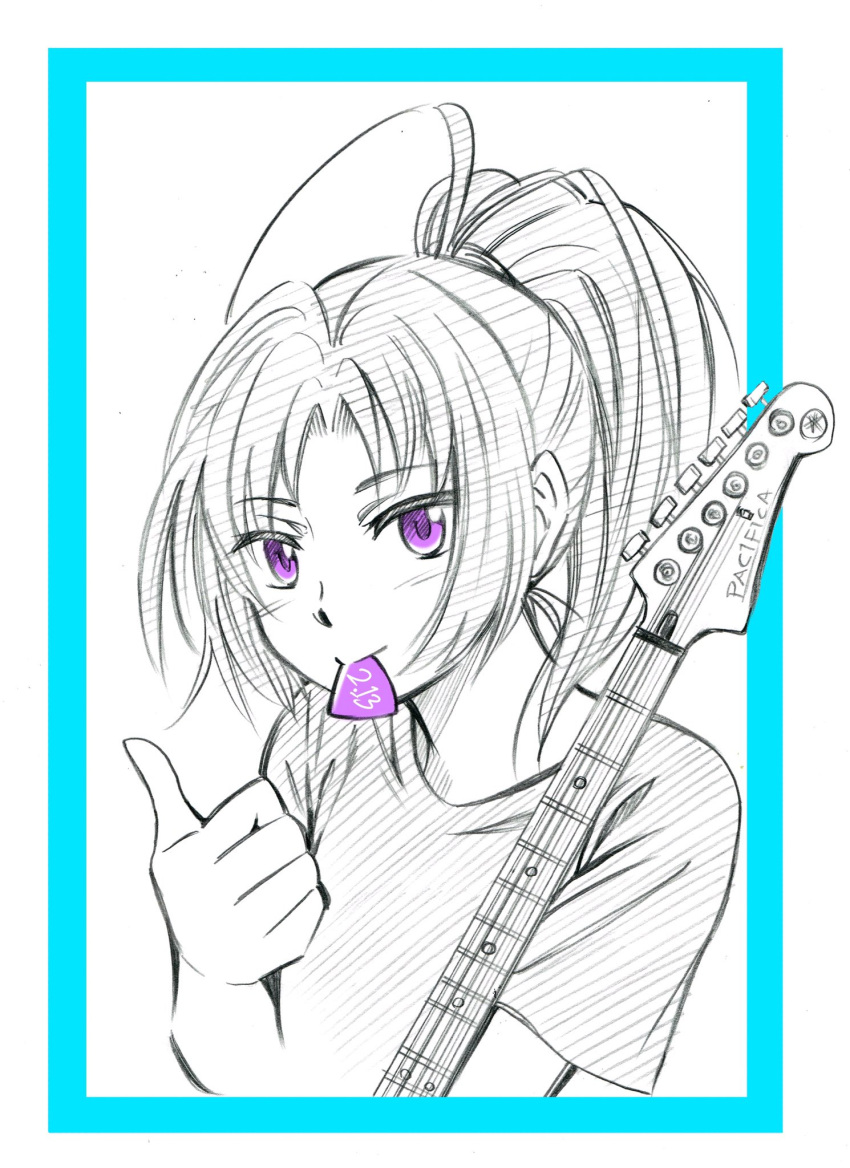 1girl blush closed_mouth electric_guitar graphite_(medium) guitar hand_up hibike!_euphonium highres holding holding_instrument holding_plectrum instrument long_hair looking_at_viewer nakagawa_natsuki plectrum ponytail shirt short_sleeves sketch solo t-shirt thumbs_up traditional_media violet_eyes waretaka white_background