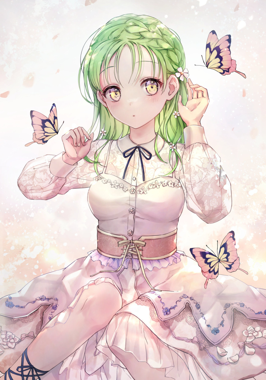 1girl bangs black_ribbon blush bug butterfly closed_mouth commentary corset dress english_commentary floral_print flower green_hair hair_flower hair_ornament highres long_hair long_sleeves neck_ribbon original puffy_long_sleeves puffy_sleeves ribbon see-through sitting solo tsumugi_8345 white_dress yellow_eyes