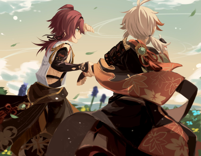 2boys armor bandaged_hand bandages bangs black_gloves clouds fingerless_gloves flower from_behind genshin_impact gloves grass highres holding_another's_wrist japanese_armor japanese_clothes kaedehara_kazuha kote kurokote leaf leaf_print male_focus multicolored_hair multiple_boys outdoors parted_lips pointing ponytail redhead ryu_genshin77 shading_eyes shikanoin_heizou streaked_hair white_hair